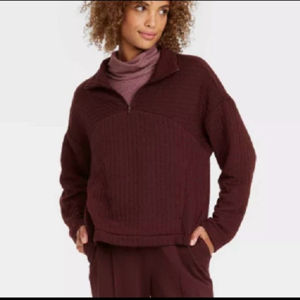 a new day Women's Quilted Maroon Quarter-Zip Sweater Sweatshirt Burgundy Small